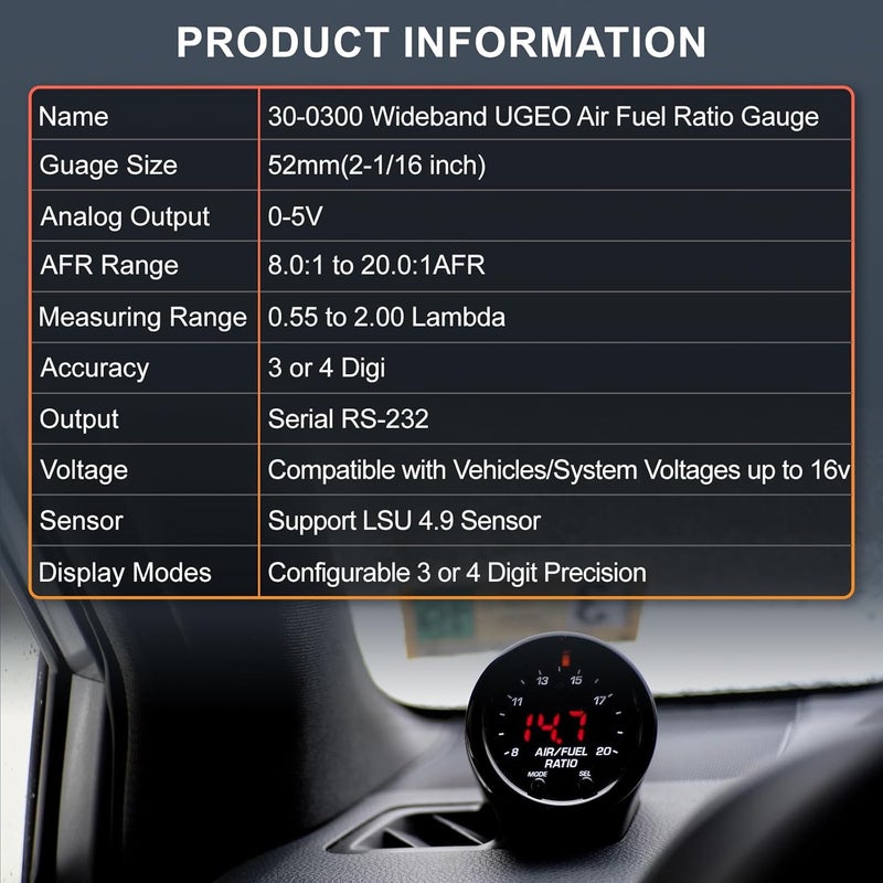 ANDO RACING 30-0300 X-Series 52mm (2-1/16”) Wideband UEGO Air/Fuel Ratio Gauge with LSU 4.9 Sensor Controller Gauge with Wideband Oxygen Sensor - Image 4